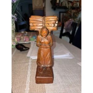 Vintage Hand Carved Wooden Peasant Woman Carrying Kindling on Basket 8"